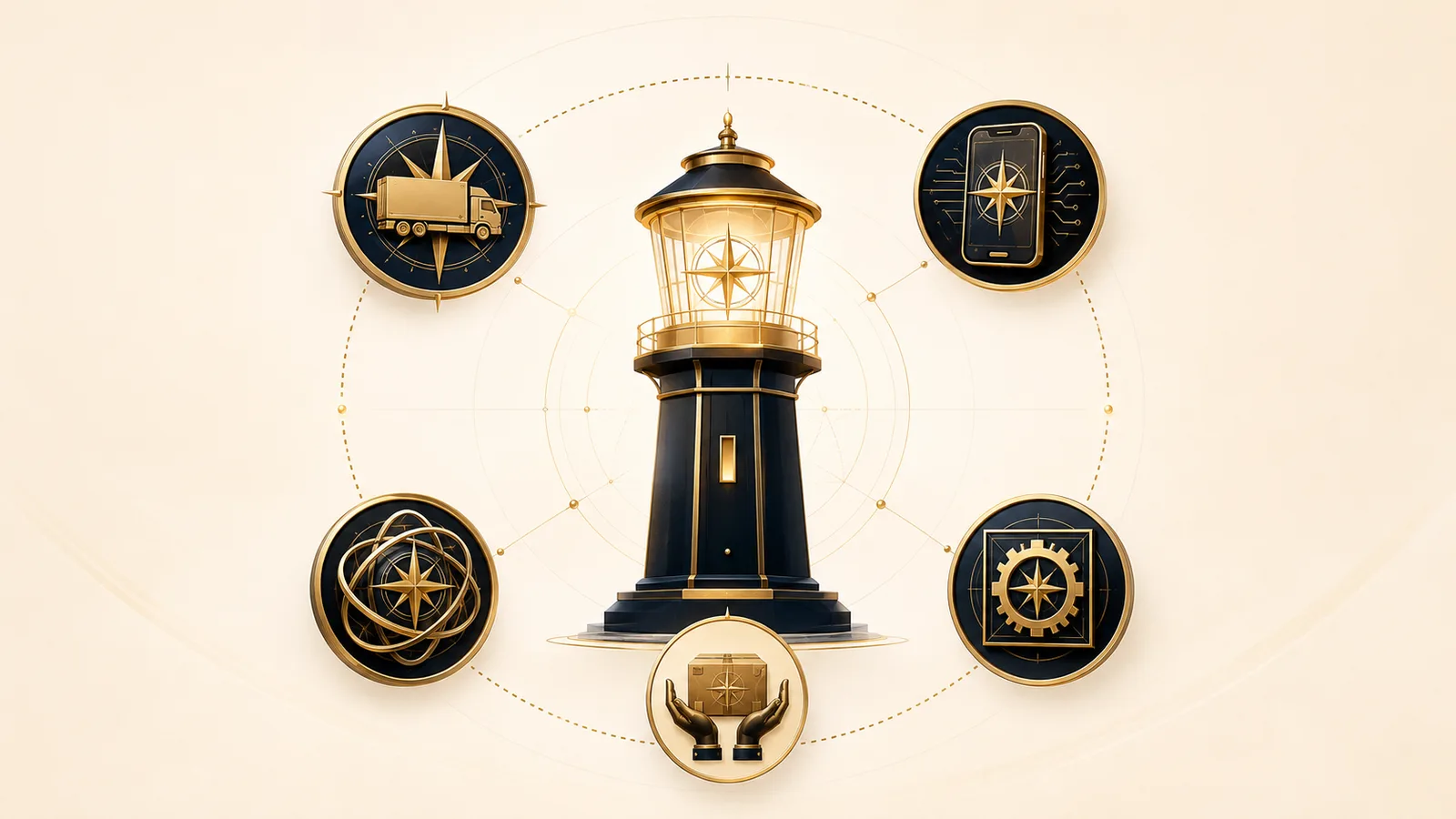 The NorthStar Beacon™ — a lighthouse surrounded by service medallions representing transportation, technology, optimization, systems, and stewardship