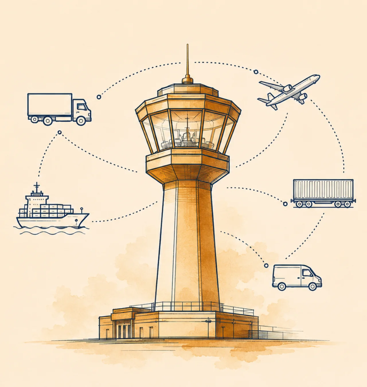 The Control Tower™ — a hand-drawn control tower coordinating truck, ship, air, rail, and last-mile freight for NorthStar Logistics Management™