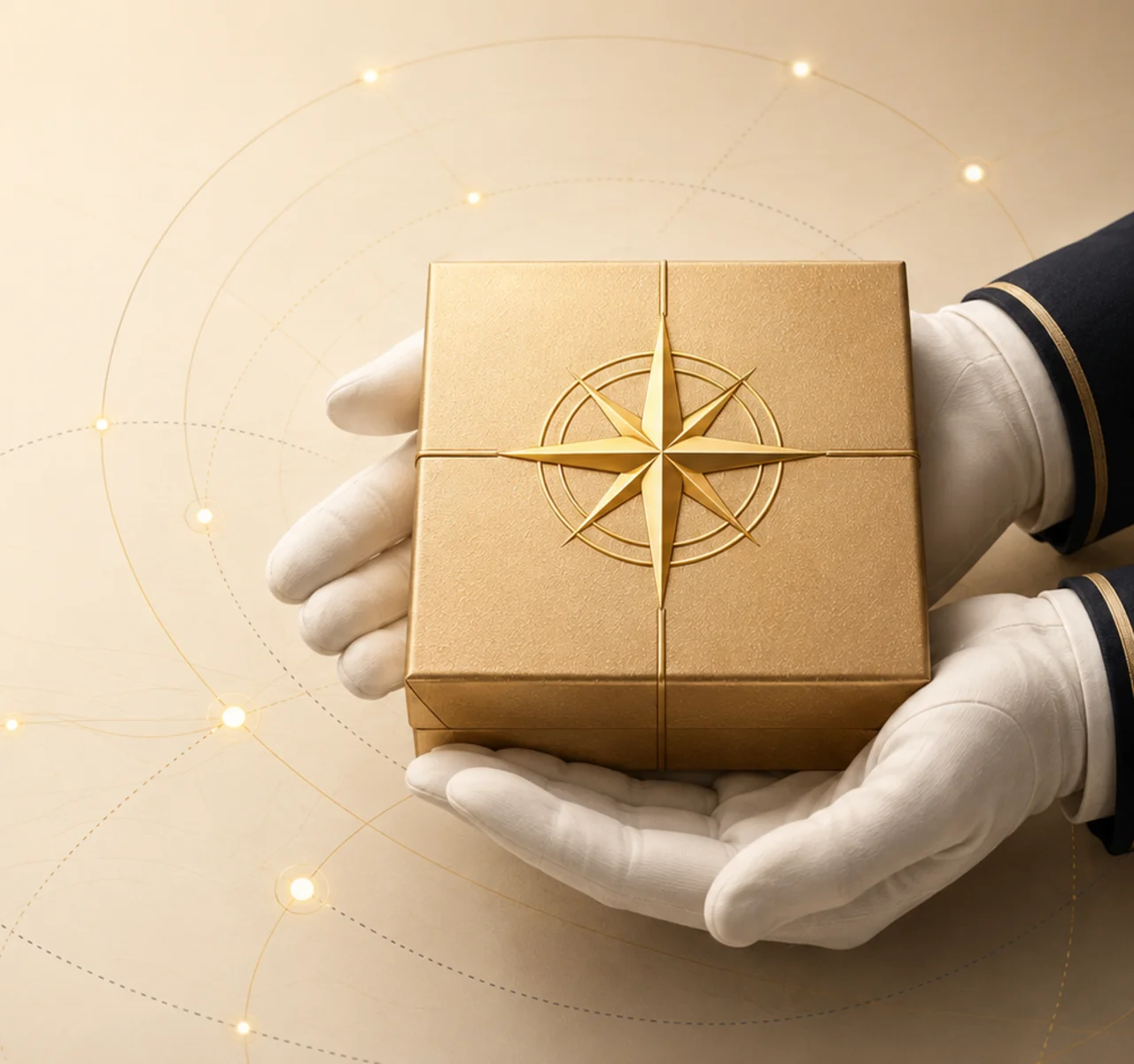 White-Glove Stewardship™ — gloved hands presenting a gold compass-embossed parcel, representing NorthStar's fiduciary care
